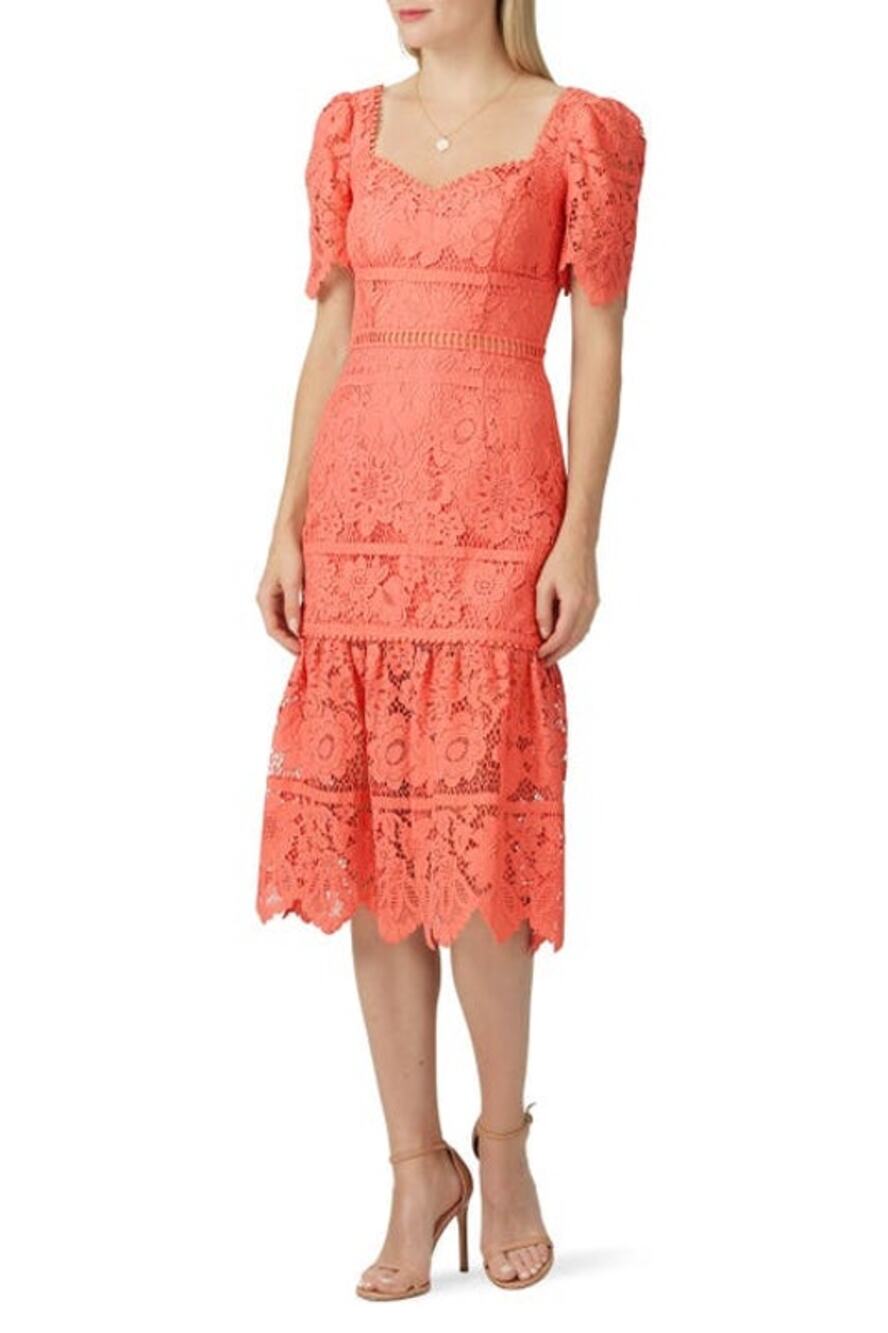 Saylor Coral Orange Ruffled Lace Louisa Midi Sheath Dress Women's Size Medium